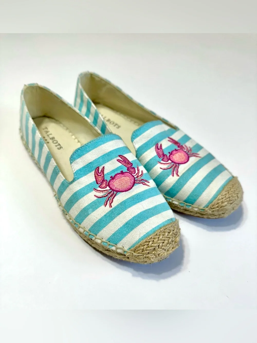 Talbots Striped Aqua & White Espadrille Slip-Ons with Pink Crab Embroidery